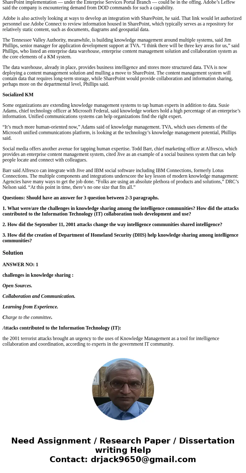 Read the following article and use the three questions at the end for your discussion How knowledge management helps keep the US attack free By John Moore The a Read the following article and use the three questions at the end for your discussion How knowledge management helps keep the US attack free By John Moore The a