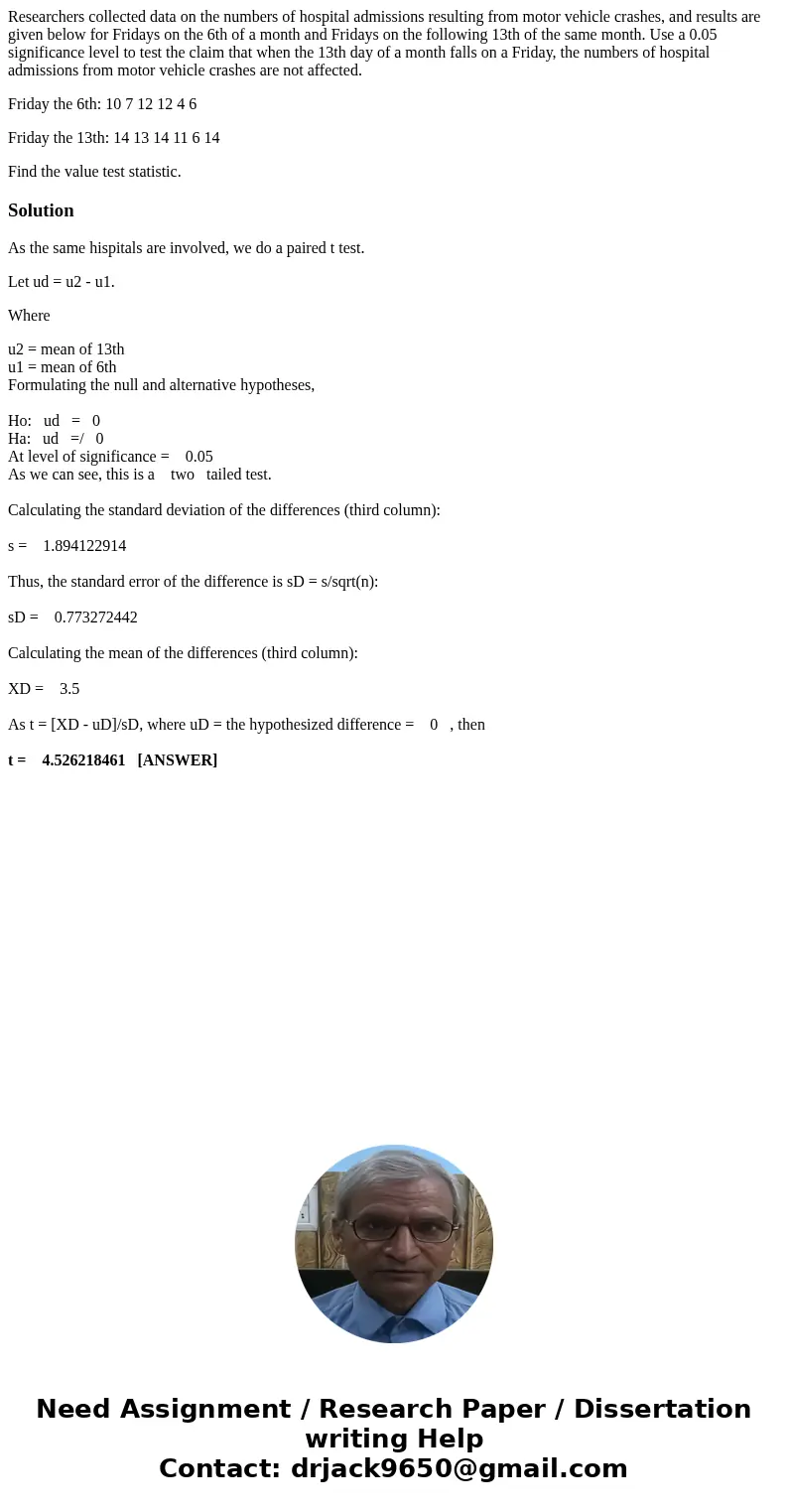 Researchers collected data on the numbers of hospital admissions resulting from motor vehicle crashes, and results are given below for Fridays on the 6th of a m Researchers collected data on the numbers of hospital admissions resulting from motor vehicle crashes, and results are given below for Fridays on the 6th of a m