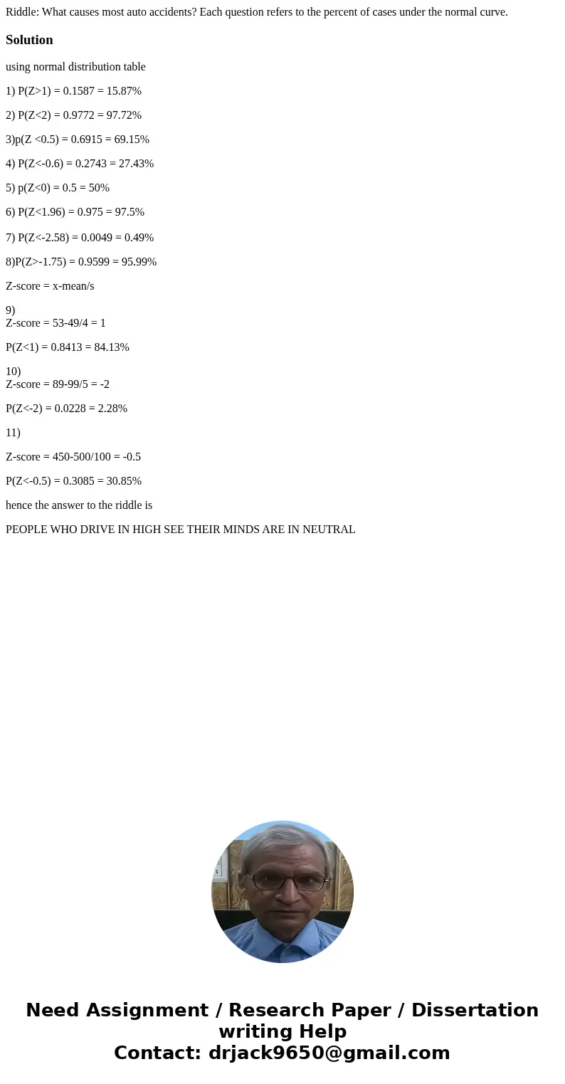 Riddle: What causes most auto accidents? Each question refers to the percent of cases under the normal curve. Solutionusing normal distribution table 1) P(Z>  Riddle: What causes most auto accidents? Each question refers to the percent of cases under the normal curve. Solutionusing normal distribution table 1) P(Z>