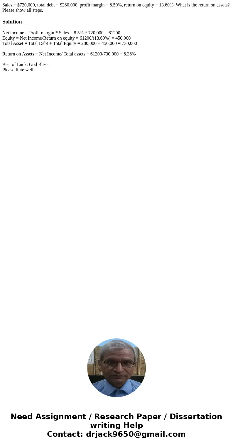 Sales = $720,000, total debt = $280,000, profit margin = 8.50%, return on equity = 13.60%. What is the return on assets? Please show all steps.SolutionNet incom Sales = $720,000, total debt = $280,000, profit margin = 8.50%, return on equity = 13.60%. What is the return on assets? Please show all steps.SolutionNet incom