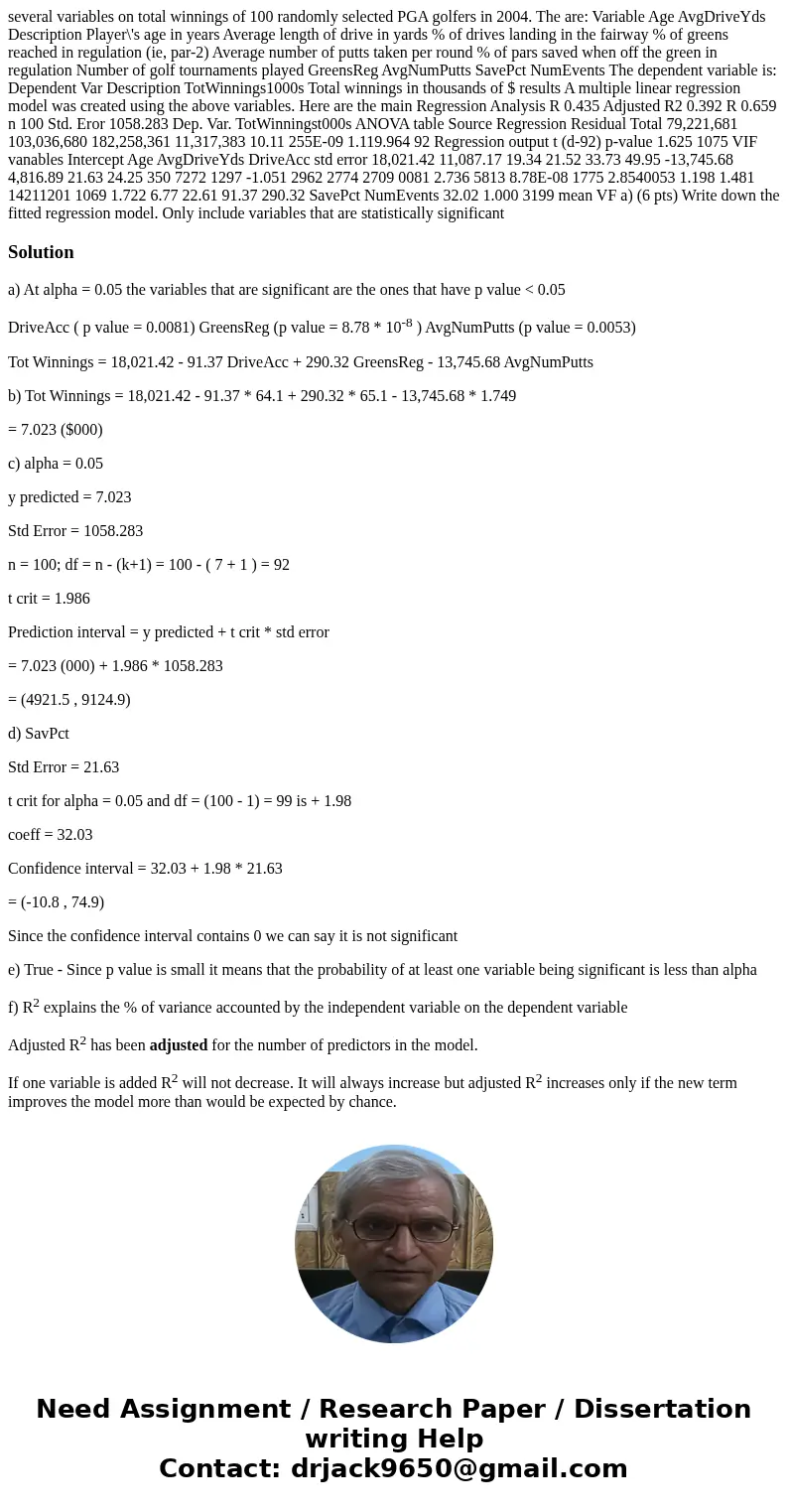 several variables on total winnings of 100 randomly selected PGA golfers in 2004. The are: Variable Age AvgDriveYds Description Player\'s age in years Average   several variables on total winnings of 100 randomly selected PGA golfers in 2004. The are: Variable Age AvgDriveYds Description Player\'s age in years Average