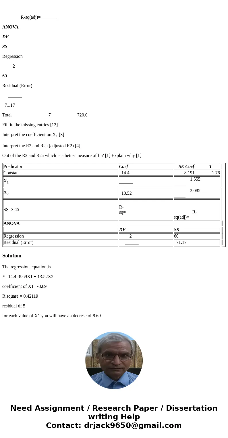 Shown below is a partial regression computer output. The regression equation is Y=14.4 -8.69X1 + 13.52X2 Predicator Coef SE Coef T Constant 14.4 8.191 1.76 X1 _