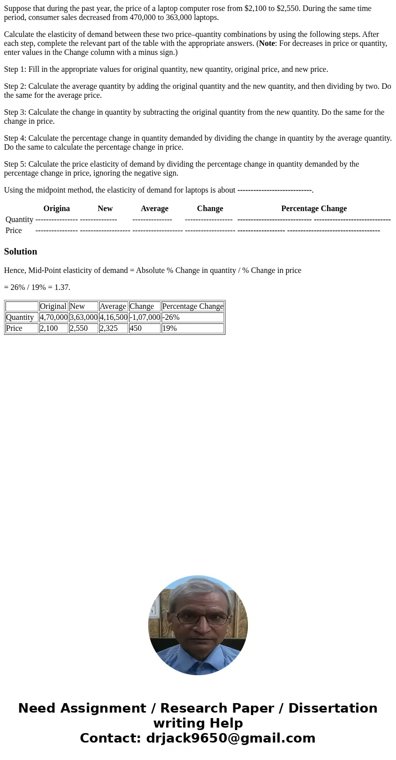 Suppose that during the past year, the price of a laptop computer rose from $2,100 to $2,550. During the same time period, consumer sales decreased from 470,000 Suppose that during the past year, the price of a laptop computer rose from $2,100 to $2,550. During the same time period, consumer sales decreased from 470,000