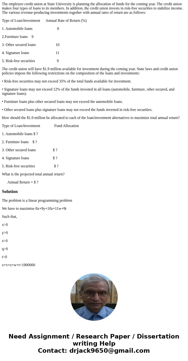 The employee credit union at State University is planning the allocation of funds for the coming year. The credit union makes four types of loans to its members The employee credit union at State University is planning the allocation of funds for the coming year. The credit union makes four types of loans to its members