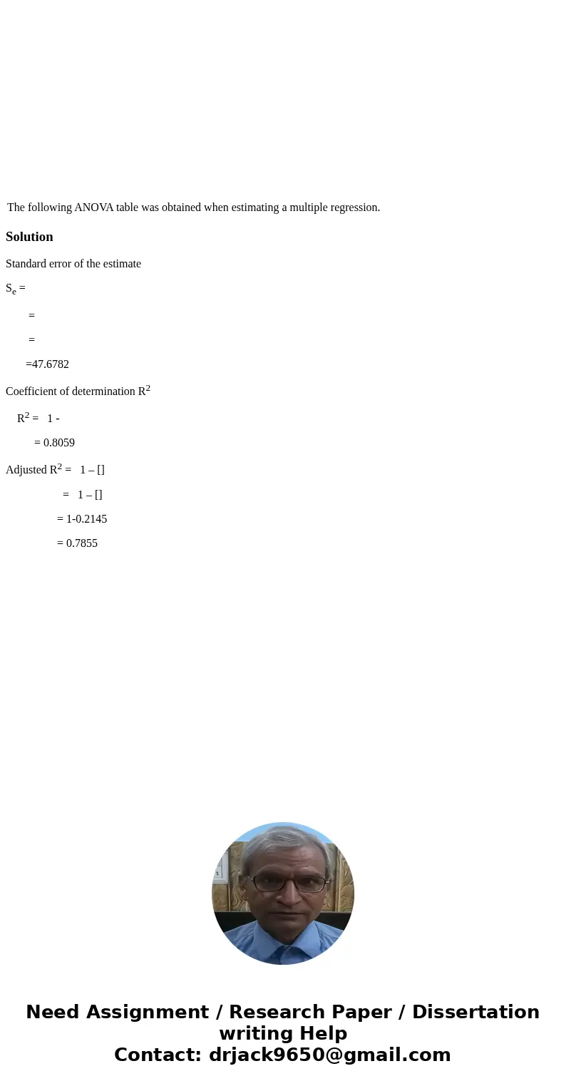 The following ANOVA table was obtained when estimating a multiple regression. SolutionStandard error of the estimate Se = = = =47.6782 Coefficient of determina  The following ANOVA table was obtained when estimating a multiple regression. SolutionStandard error of the estimate Se = = = =47.6782 Coefficient of determina