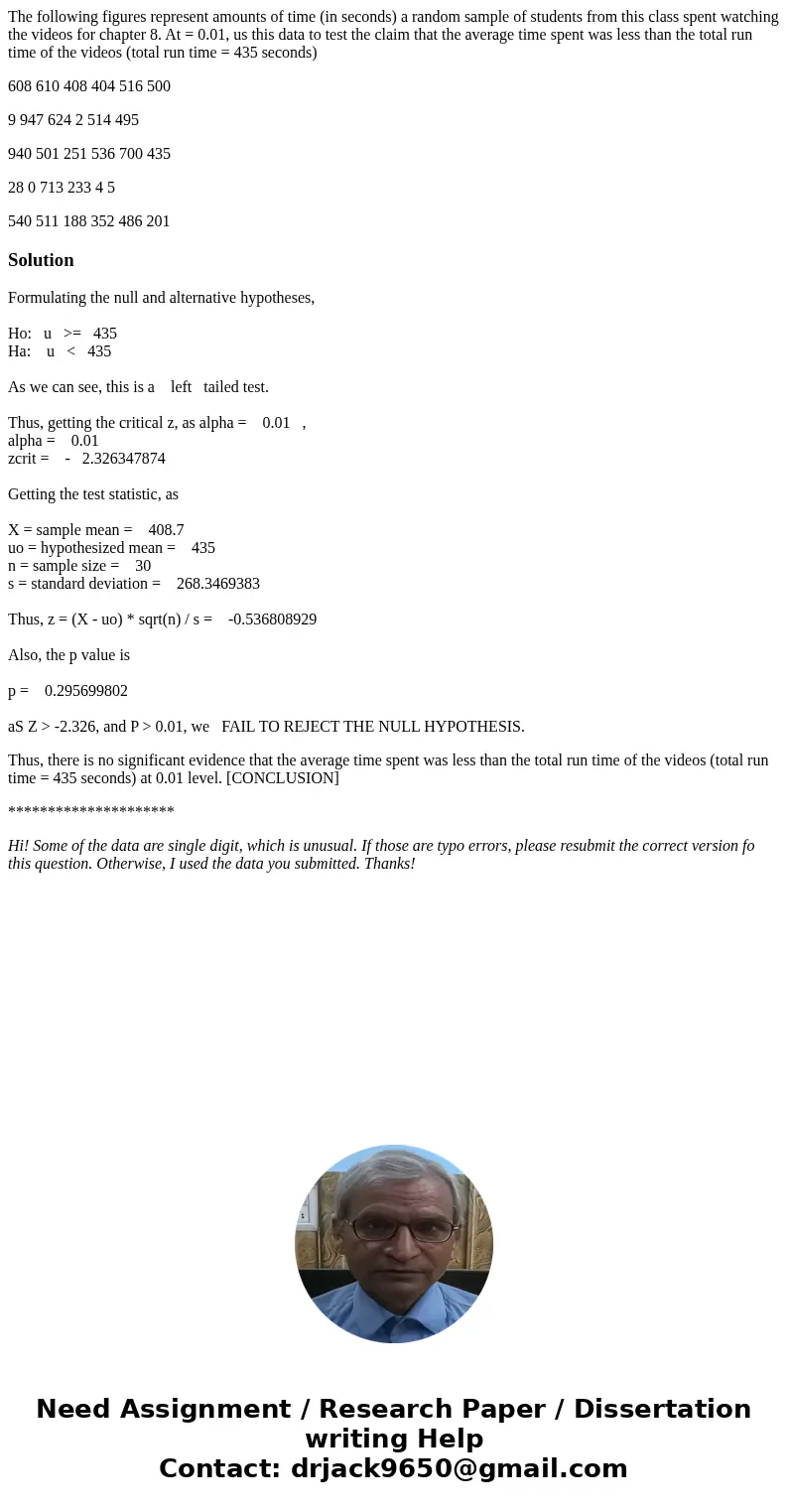 The following figures represent amounts of time (in seconds) a random sample of students from this class spent watching the videos for chapter 8. At = 0.01, us  The following figures represent amounts of time (in seconds) a random sample of students from this class spent watching the videos for chapter 8. At = 0.01, us