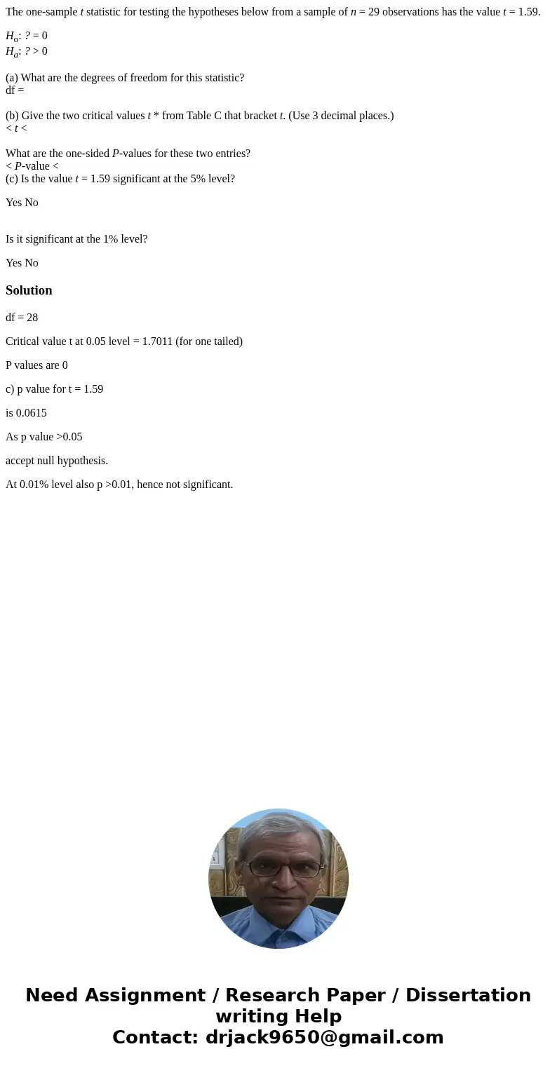 The one-sample t statistic for testing the hypotheses below from a sample of n = 29 observations has the value t = 1.59. Ho: ? = 0 Ha: ? > 0 (a) What are the The one-sample t statistic for testing the hypotheses below from a sample of n = 29 observations has the value t = 1.59. Ho: ? = 0 Ha: ? > 0 (a) What are the