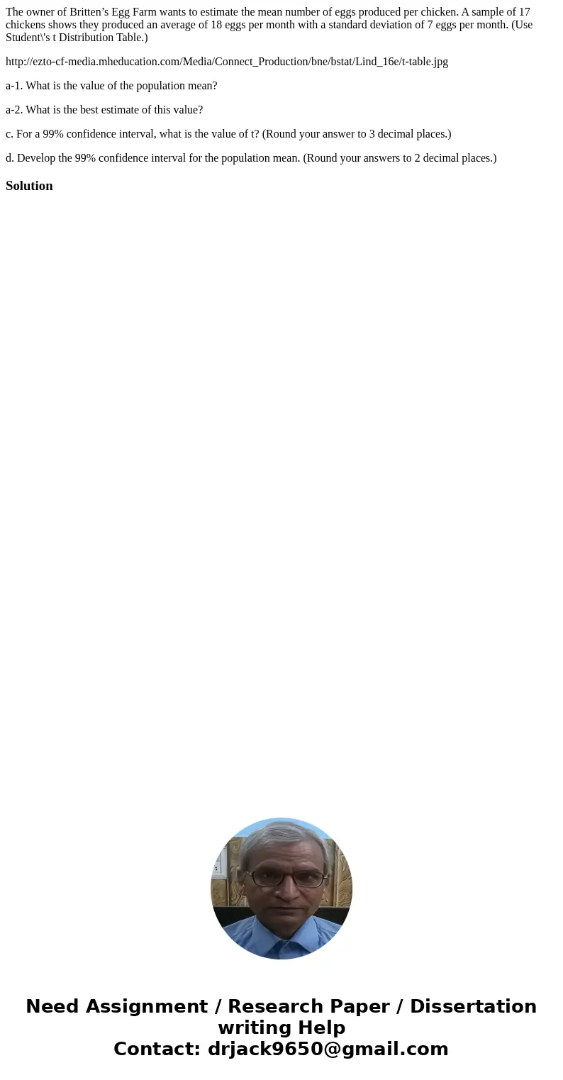 The owner of Britten’s Egg Farm wants to estimate the mean number of eggs produced per chicken. A sample of 17 chickens shows they produced an average of 18 egg The owner of Britten’s Egg Farm wants to estimate the mean number of eggs produced per chicken. A sample of 17 chickens shows they produced an average of 18 egg