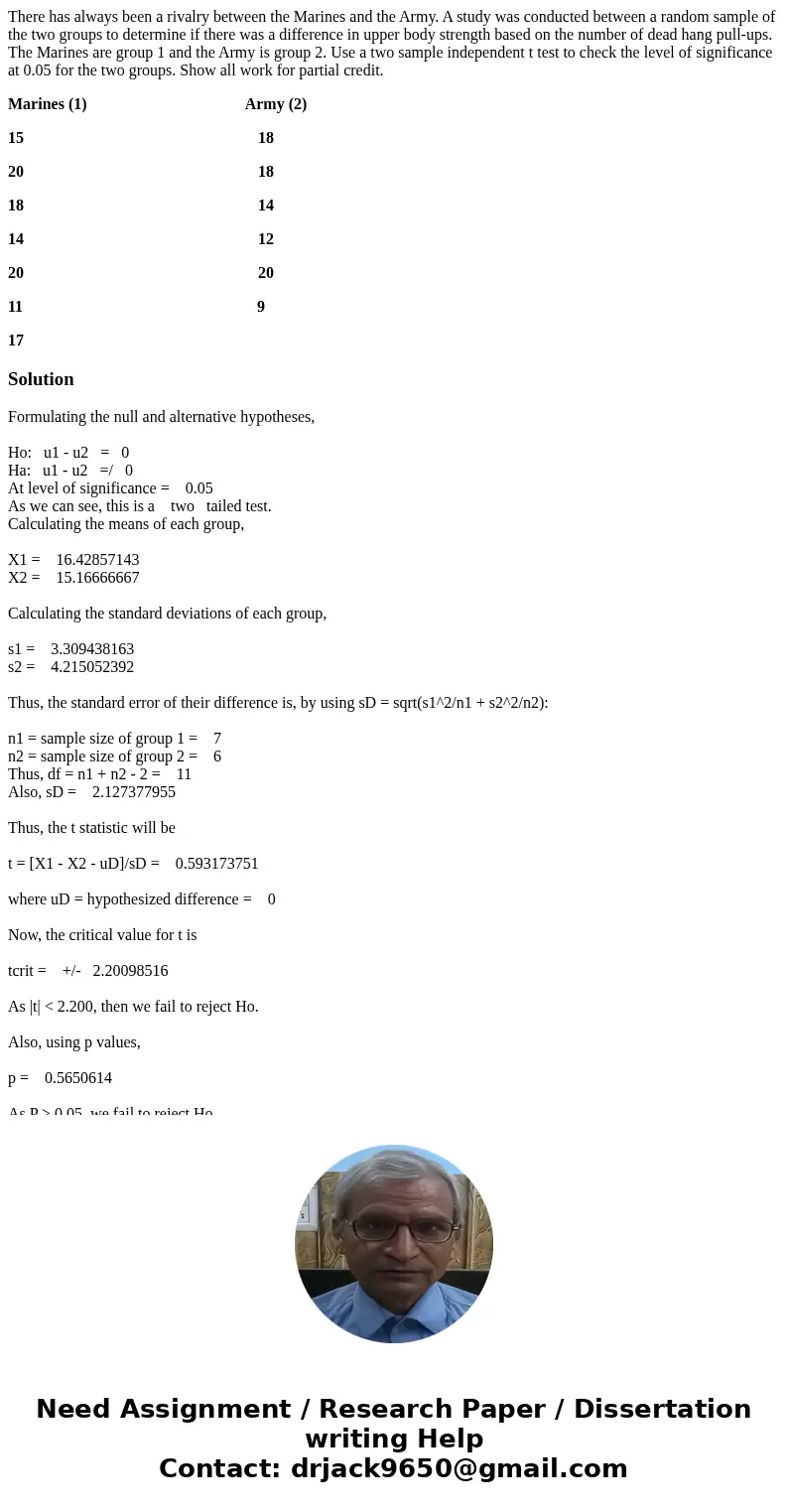 There has always been a rivalry between the Marines and the Army. A study was conducted between a random sample of the two groups to determine if there was a di There has always been a rivalry between the Marines and the Army. A study was conducted between a random sample of the two groups to determine if there was a di