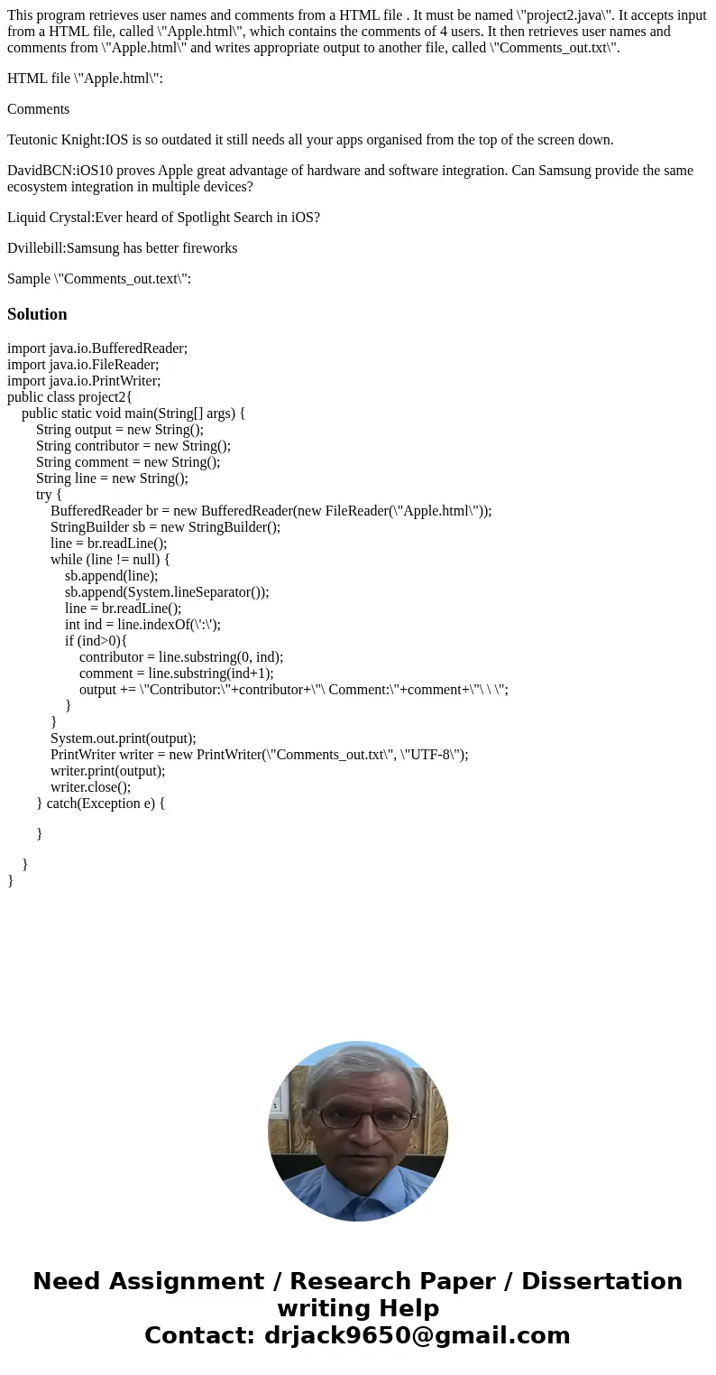 This program retrieves user names and comments from a HTML file . It must be named \ This program retrieves user names and comments from a HTML file . It must be named \