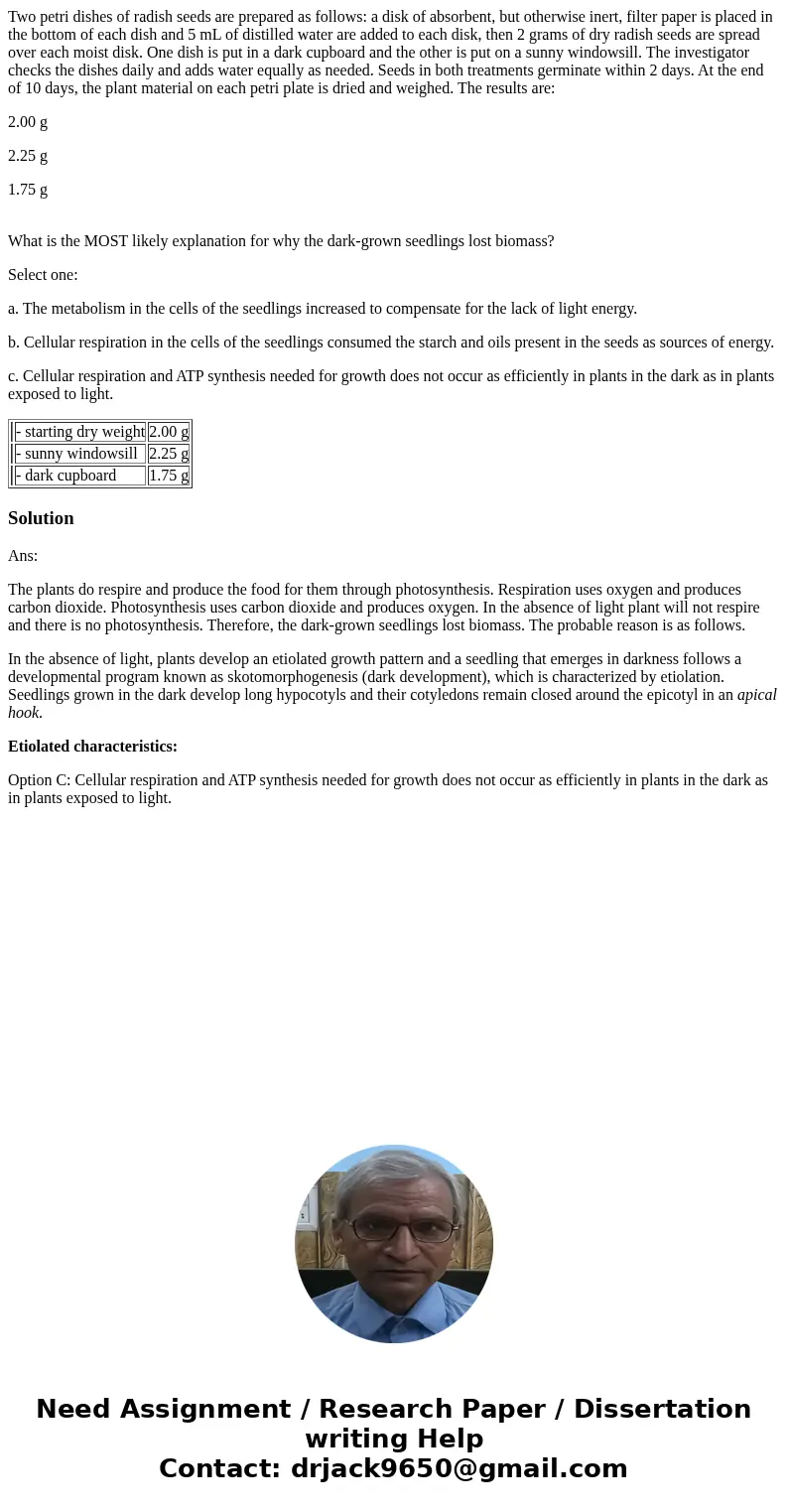 Two petri dishes of radish seeds are prepared as follows: a disk of absorbent, but otherwise inert, filter paper is placed in the bottom of each dish and 5 mL o