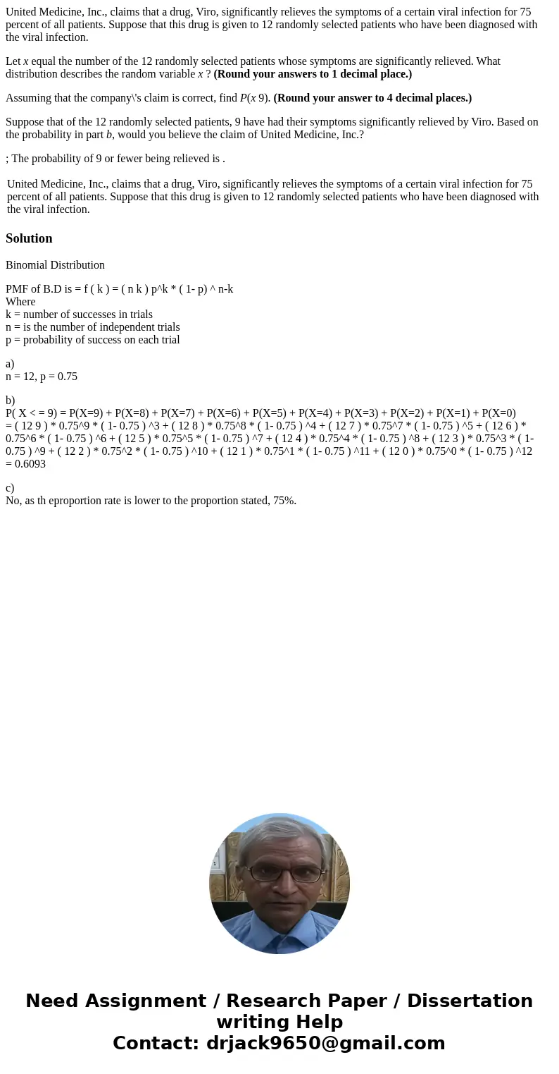 United Medicine, Inc., claims that a drug, Viro, significantly relieves the symptoms of a certain viral infection for 75 percent of all patients. Suppose that t United Medicine, Inc., claims that a drug, Viro, significantly relieves the symptoms of a certain viral infection for 75 percent of all patients. Suppose that t