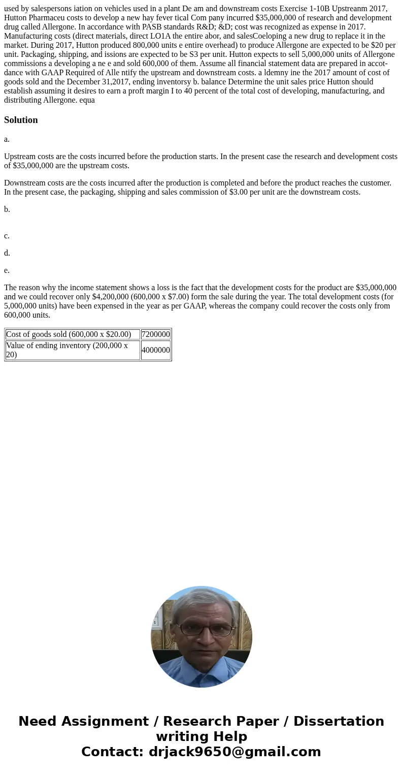  used by salespersons iation on vehicles used in a plant De am and downstream costs Exercise 1-10B Upstreanm 2017, Hutton Pharmaceu costs to develop a new hay f