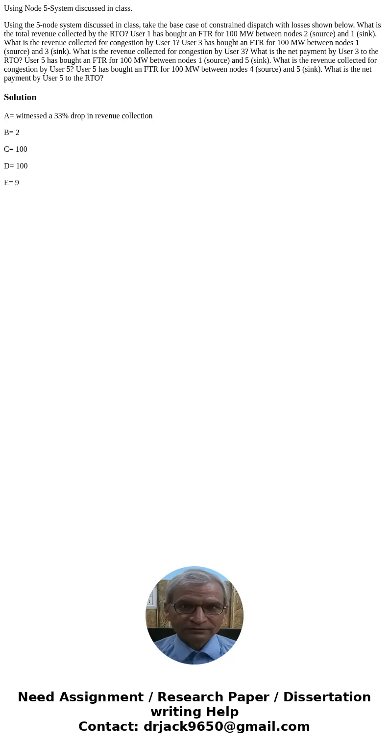Using Node 5-System discussed in class. Using the 5-node system discussed in class, take the base case of constrained dispatch with losses shown below. What is 