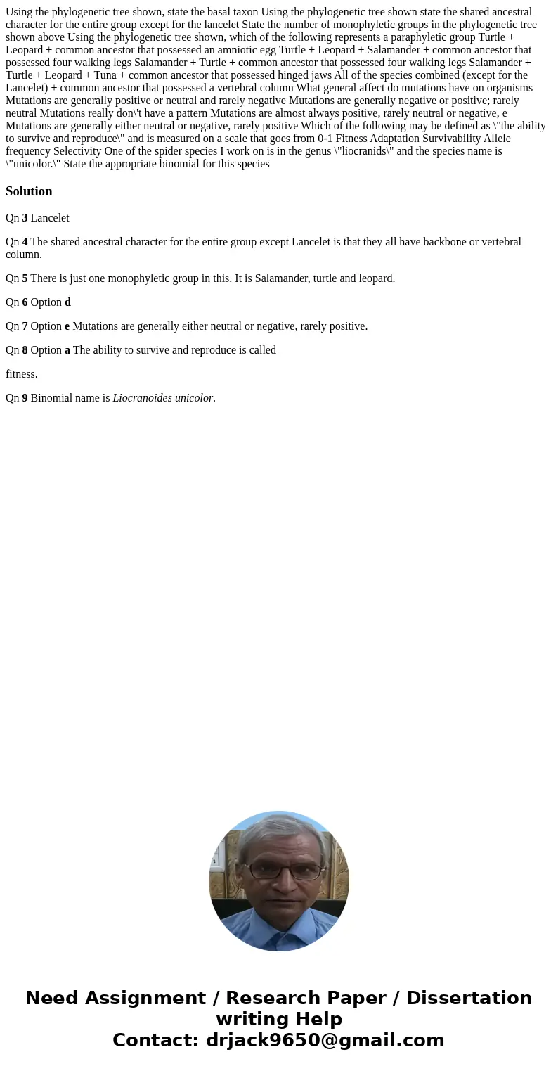 Using the phylogenetic tree shown, state the basal taxon Using the phylogenetic tree shown state the shared ancestral character for the entire group except for  Using the phylogenetic tree shown, state the basal taxon Using the phylogenetic tree shown state the shared ancestral character for the entire group except for