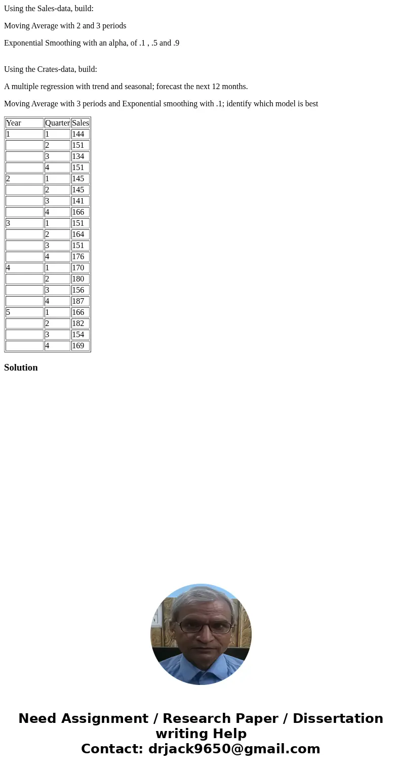 Using the Sales-data, build: Moving Average with 2 and 3 periods Exponential Smoothing with an alpha, of .1 , .5 and .9 Using the Crates-data, build: A multiple Using the Sales-data, build: Moving Average with 2 and 3 periods Exponential Smoothing with an alpha, of .1 , .5 and .9 Using the Crates-data, build: A multiple