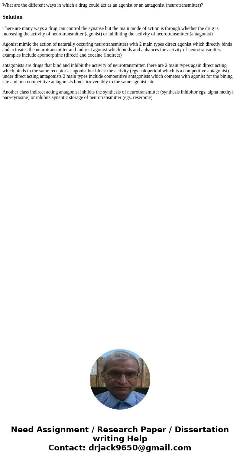 What are the different ways in which a drug could act as an agonist or an antagonist (neurotransmitter)?SolutionThere are many ways a drug can control the synap What are the different ways in which a drug could act as an agonist or an antagonist (neurotransmitter)?SolutionThere are many ways a drug can control the synap