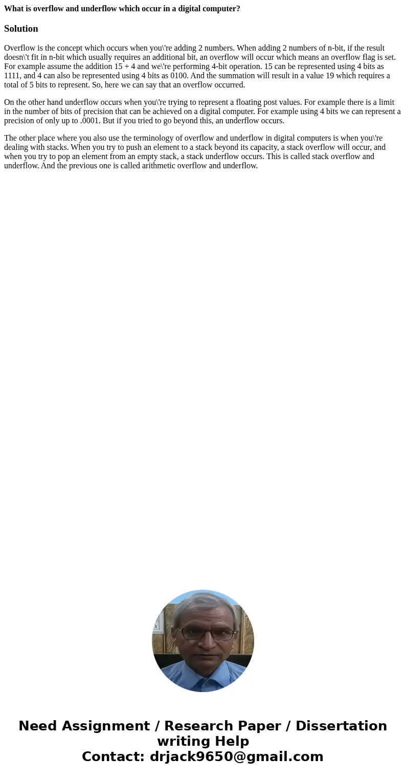 What is overflow and underflow which occur in a digital computer?SolutionOverflow is the concept which occurs when you\'re adding 2 numbers. When adding 2 numbe What is overflow and underflow which occur in a digital computer?SolutionOverflow is the concept which occurs when you\'re adding 2 numbers. When adding 2 numbe