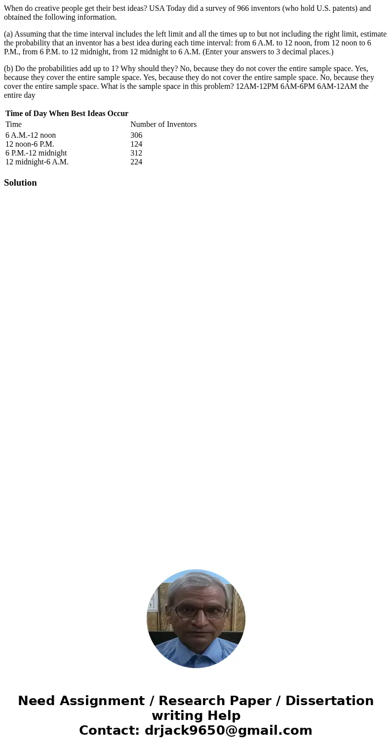 When do creative people get their best ideas? USA Today did a survey of 966 inventors (who hold U.S. patents) and obtained the following information. (a) Assumi