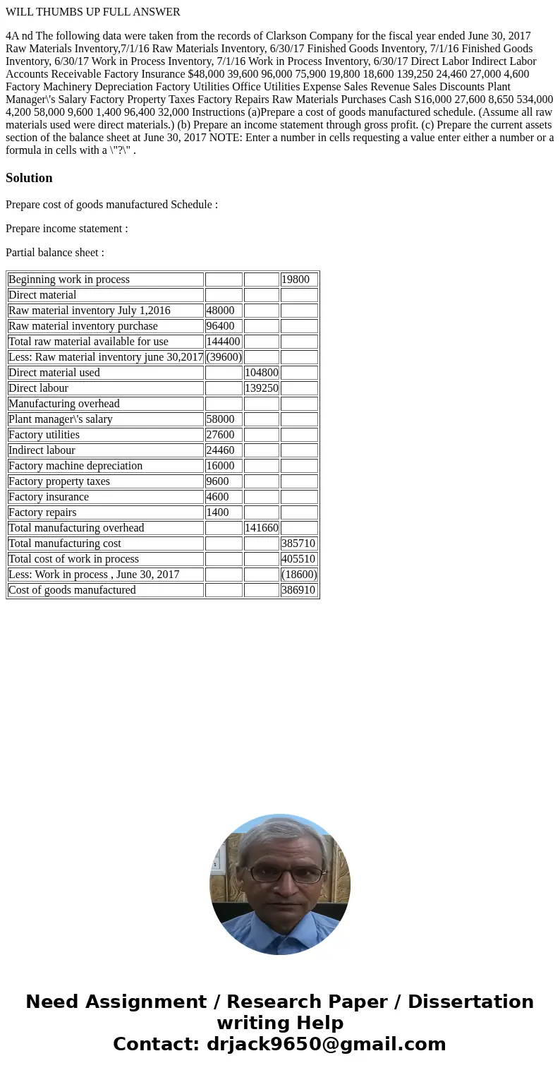 WILL THUMBS UP FULL ANSWER 4A nd The following data were taken from the records of Clarkson Company for the fiscal year ended June 30, 2017 Raw Materials Invent WILL THUMBS UP FULL ANSWER 4A nd The following data were taken from the records of Clarkson Company for the fiscal year ended June 30, 2017 Raw Materials Invent