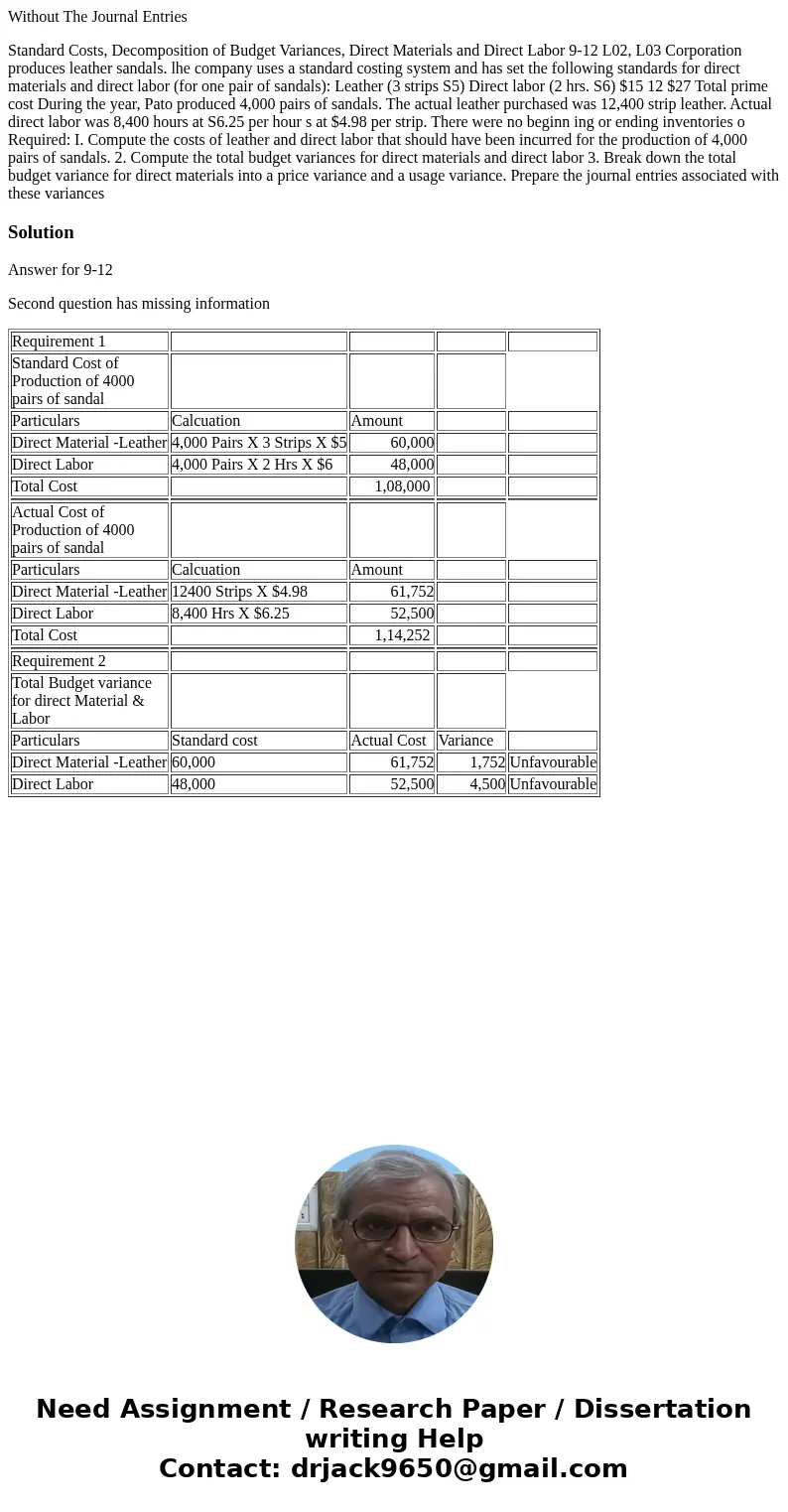  Without The Journal Entries Standard Costs, Decomposition of Budget Variances, Direct Materials and Direct Labor 9-12 L02, L03 Corporation produces leather san