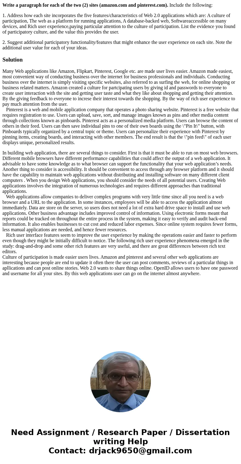 Write a paragraph for each of the two (2) sites (amazon.com and pinterest.com). Include the following: 1. Address how each site incorporates the five features/c