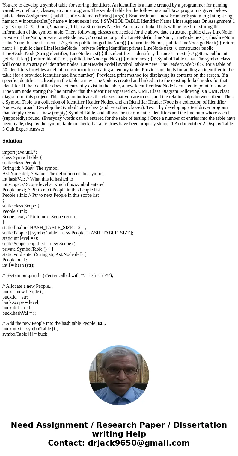 You are to develop a symbol table for storing identifiers. An identifier is a name created by a programmer for naming variables, methods, classes, etc. in a pro You are to develop a symbol table for storing identifiers. An identifier is a name created by a programmer for naming variables, methods, classes, etc. in a pro