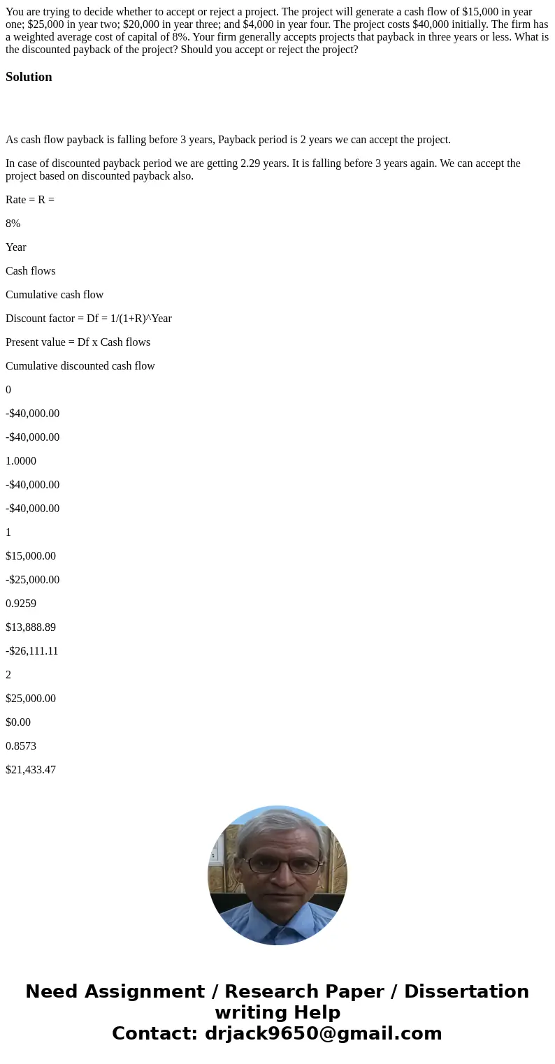 You are trying to decide whether to accept or reject a project. The project will generate a cash flow of $15,000 in year one; $25,000 in year two; $20,000 in ye You are trying to decide whether to accept or reject a project. The project will generate a cash flow of $15,000 in year one; $25,000 in year two; $20,000 in ye